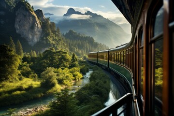 Scenic train Journey Through Mountains, Generative AI - obrazy, fototapety, plakaty