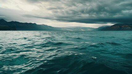 Fototapeta premium Blue-green clouds over the sea. Toned dark teal water and sky. Generative Ai