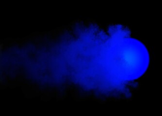 abstract background, glowing burning blue ball with clouds and smoke on black background