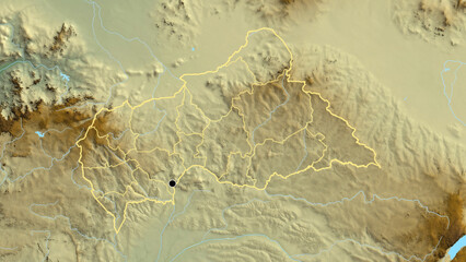 Shape of Central African Republic with regional borders. Relief.