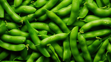 Fresh green beans with water drops background. Vegetables backdrop. Generative AI