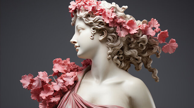 Gypsum statue of the head of Aphrodite in a pensive pose on a pastel gradient background