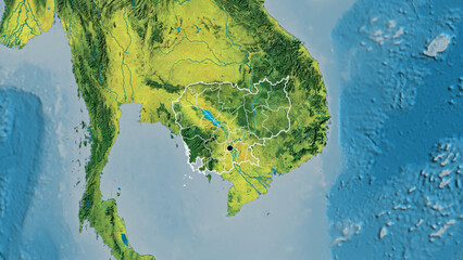 Shape of Cambodia with regional borders. Topographic.