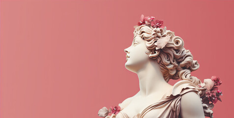 Gypsum statue of the head of Aphrodite in a pensive pose on a pastel gradient background - obrazy, fototapety, plakaty
