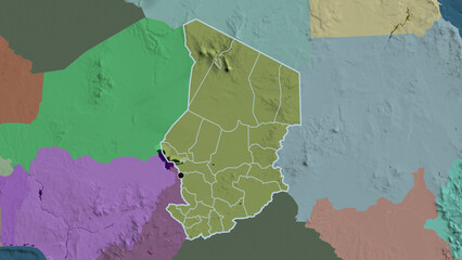Shape of Chad with regional borders. Administrative.