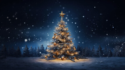 Beautiful decorated christmas tree with present boxes. Festive New Year background. Generative AI