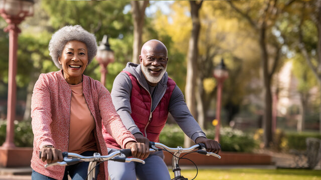 Joyful elderly couple riding bicycles in the summer park enjoying their retirement