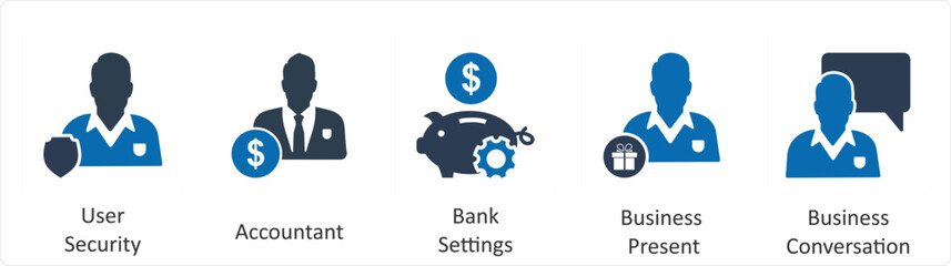 A set of 5 business icons as user security, accountant, bank settings