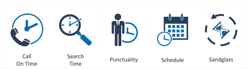 A set of 5 business icons as call on time, search time, punctuality