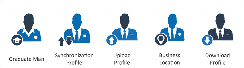 A set of 5 business icons as graduate man, synchronization profile, upload profile