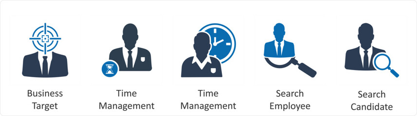 A set of 5 business icons as business target, time management, search employee