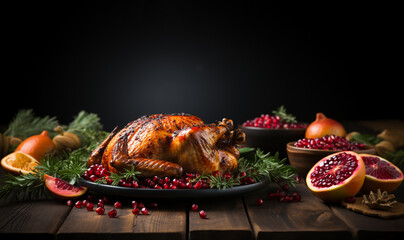 Thanksgiving dinner background concept with turkey roasted and all sides dishes, fall leaves, pumpkin and seasonal autumnal decor on dark background, top view, copy space. Wooden background