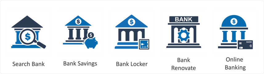 A set of 5 business icons as search bank, bank savings, bank locker,