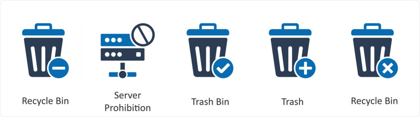 A set of 5 business icons as recycle bin, server prohibition, trash bin