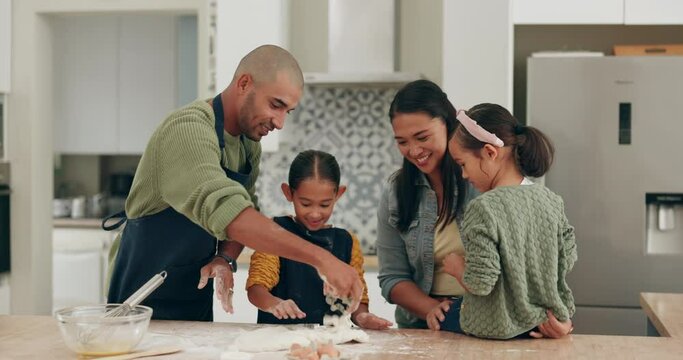Family, kitchen and baking dough with kids and parent care for learning in a home. Cooking, mom and children together in house with food, teaching and development with support and love feeling happy