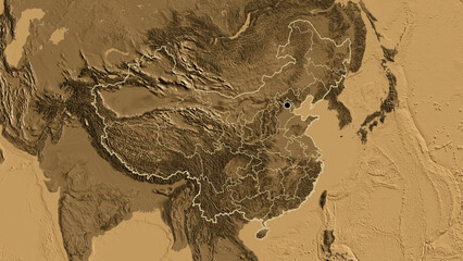 Shape of China with regional borders. Sepia elevation.