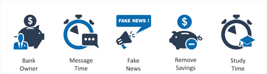 A set of 5 business icons as bank owner, message time, fake news
