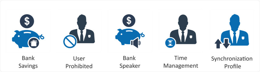A set of 5 business icons as bank savings, user prohibited, bank speaker