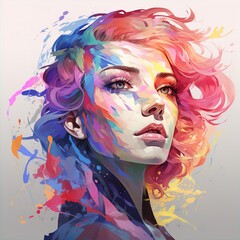 Art Portrait of beautiful young woman with abstract colorful watercolor painting. Beautiful closeup woman face with watercolor splash on white background.