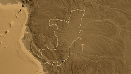 Shape of Republic of the Congo. Outlined. Sepia elevation.
