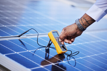 Solar panels, multimeter test and hands of technician check power, engineering and maintenance....