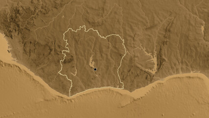 Shape of Ivory Coast. Outlined. Sepia elevation.