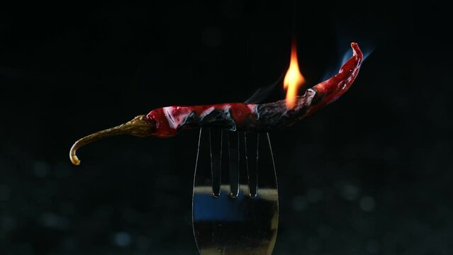 burning red indian chili pepper stuck in a fork. Zoom in shot