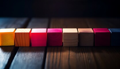 Colored wooden blocks aligned on old vintage wooden table, with light coming through and dark shadows. For something with concept of variations or diversity. Shallow depth, Generative AI