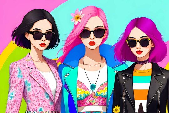 Three girls with sunglasses digital illustration ai generative image