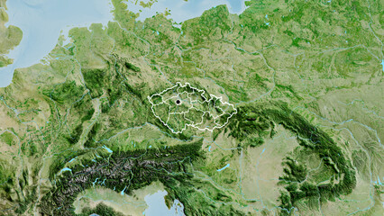 Shape of Czechia with regional borders. Satellite. © zelwanka