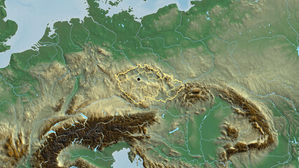 Shape of Czechia with regional borders. Relief.