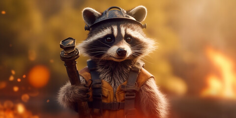 Amusing Raccoon Firefighter in Uniform Ready to Tackle Fires - AI generated - obrazy, fototapety, plakaty