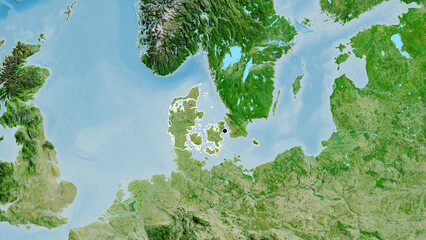 Shape of Denmark. Outlined. Satellite. © zelwanka