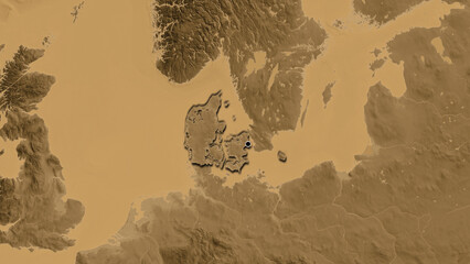 Shape of Denmark. Bevelled. Sepia elevation.