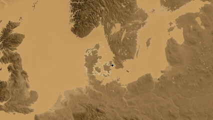 Shape of Denmark. Outlined. Sepia elevation.