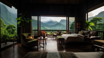The design of hotels and resorts, the rooms are luxurious and classy, well arranged with sofas. Adjacent to nature, green fields surrounded by mountains