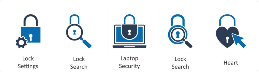 A set of 5 business icons as lock settings, lock search, laptop security