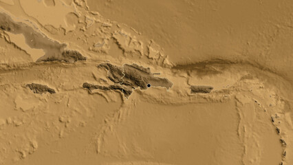 Shape of Dominican Republic. Outlined. Sepia elevation.