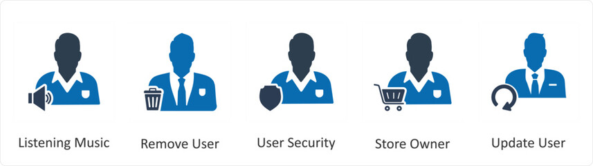 A set of 5 business icons as listening music, remove user, user security