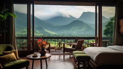 The design of hotels and resorts, the rooms are luxurious and classy, well arranged with sofas. Adjacent to nature, green fields surrounded by mountains