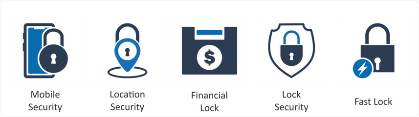 A set of 5 business icons as mobile security, location security, financial lock