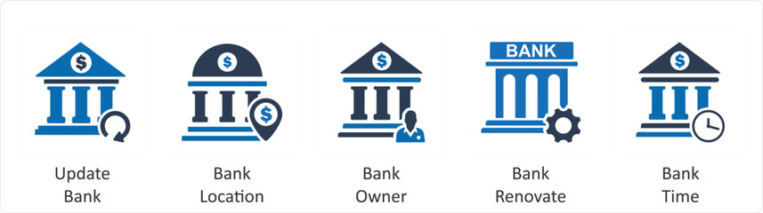 A set of 5 business icons as update bank, bank location, bank owner