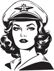Retro sailor woman 60s style young woman. Retro comics woman head, People in retro style, black and white ink drawing, American cartoon advertising illustration, vector, SVG