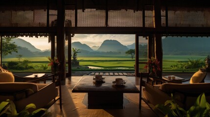 The design of hotels and resorts, the rooms are luxurious and classy, well arranged with sofas. Adjacent to nature, green fields surrounded by mountains