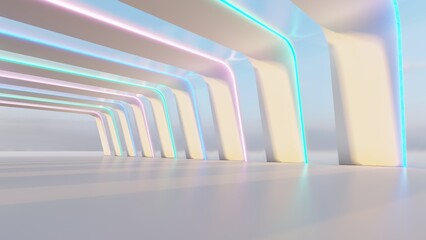 Obraz premium Futuristic interior background laser lines glowing colorful neon in room 3d render