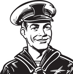 Retro sailor 60s style young man. Retro comics  sailor head, People in retro style, black and white ink drawing, American cartoon advertising illustration, vector, SVG