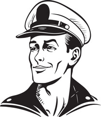 Retro sailor 60s style young man. Retro comics  sailor head, People in retro style, black and white ink drawing, American cartoon advertising illustration, vector, SVG