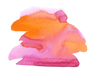 The concept of the sun during sunset. Horizontal mixed watercolor blots of orange and pink. Freehand illustration isolated on white background