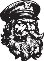 Retro old sailor with beard 60s style old man. Retro comics sailor head, People in retro style, black and white ink drawing, American cartoon advertising illustration, vector, SVG