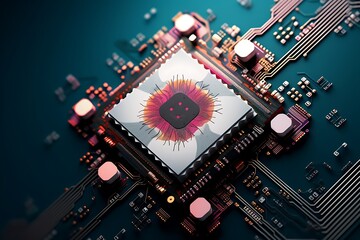 Asian semiconductor industry. Semiconductors and CPU s made in Asia concept. SPU with Asian floral design. Generative AI